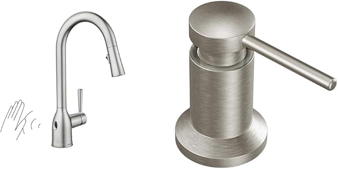 Moen Adler Touchless Spot Resist Stainless Kitchen Pulldown Faucet, 87233EWSRS + Moen Spot Resist Stainless Kitchen Soap Dispenser, 3942SRS