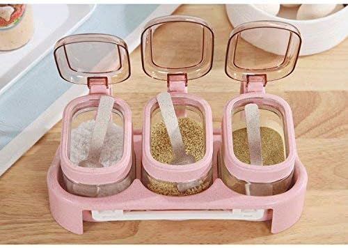 OUTOS Glass Transparent Spice Jar Seasoning Box Set Kitchen Container Tools Condiment Jars Cruet with Cover and Spoon Kitchen Utensils Supplies Salt Cellar with Lid (Pink, 3)(with base)