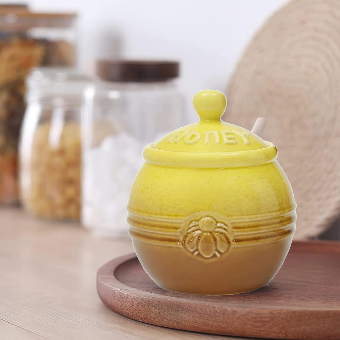 12oz Ceramic Honey Jar with Wooden Dipper Stick-Honey Pot with Dipper, Yellow Honey Dispenser, Farmhouse Kitchen Great Bee Decor, Porcelain Honey Jar Easy to Clean for Mother's Day Wife Gift
