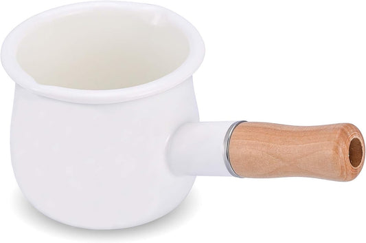 Enamel Milk Pot, Small Saucepan Milk Pot Butter Warmer 4 Inch 17 Oz Enamel Small Sauce Pan with Wooden Handle, Perfect Size for Heating Smaller Liquid Portions. (White)