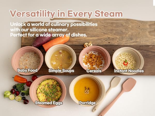 Microwave Silicone Steamer for Baby Food, Made In Korea, Oven & Dishwasher Safe to 482°F, Easy Clean, Microwave Pot with Handle & Lid, 100% Food Grade Steamer Bowl (Creme Brulee, 19oz (550ml))