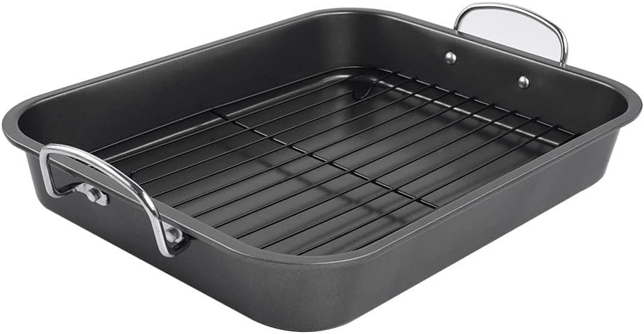kitCom Nonstick Roasting Pan, Roaster with Rack - 16 Inch Rectangular Grill Suitable for Turkey, Roast Chicken, Ham, Dishwasher Safe (9.5QT)