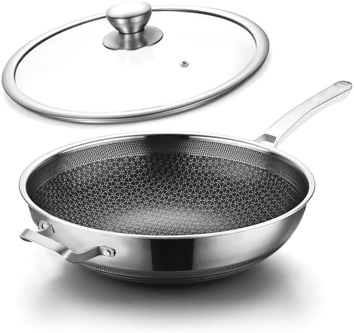 Wok Pan,Hybrid Nonstick 14 Inch Wok with Lid,Induction Non Stick Stainless Steel Large Deep Woks&Stir-Fry Pans,Stay-Cool Handle Skillets,PFOA Free Cookware