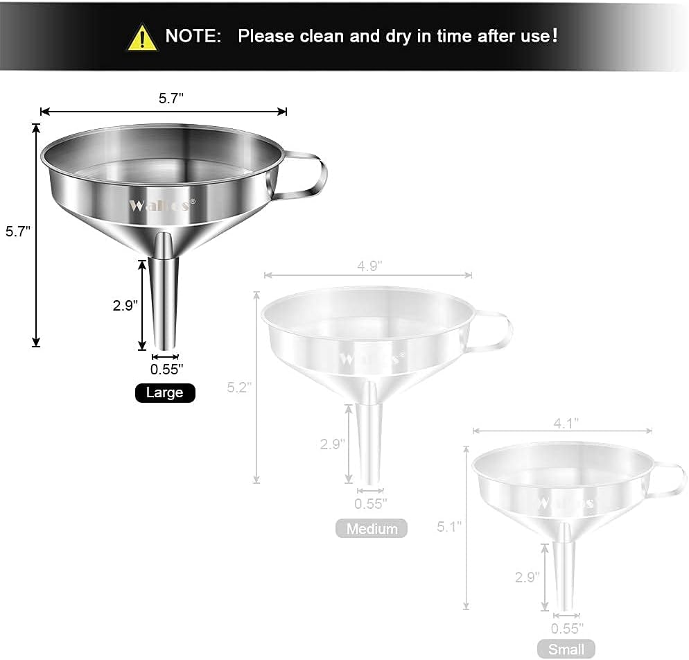 Large Stainless Steel Funnel, Walfos Kitchen Funnel with 2 Removable Strainer & 1Pc Cleaning Brush, Perfect for Transferring of Liquid, Oils, Jam, Dry Ingredients & Powder (Big, 5.7")