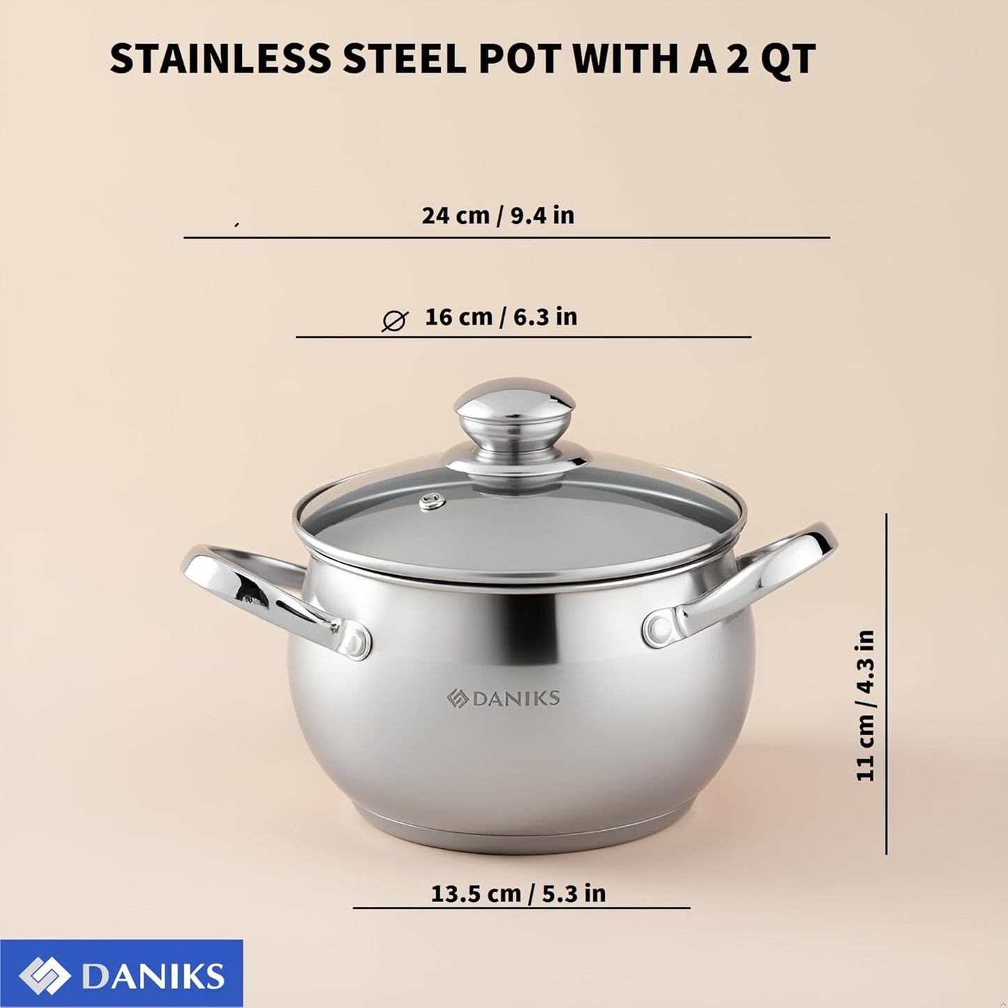 Daniks Classic Stainless Steel Stock Pot with Glass Lid – Induction 2 Quart, Dishwasher Safe, Measuring Scale, For Soup, Pasta, Stew, Silver