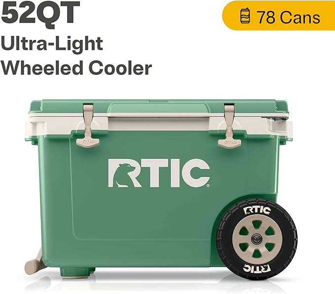 RTIC 52 Quart Ultra-Light Wheeled Hard Cooler Insulated Portable Ice Chest Box for Beach, Drink, Beverage, Camping, Picnic, Fishing, Boat, Barbecue, 30% Lighter Than Rotomolded Coolers