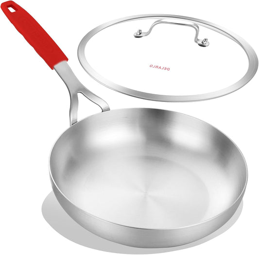 DELARLO Tri-Ply Stainless Steel 8 inch Frying Pan With Lid, Oven Safe Induction Skillet, Suitable for All Stoves Up to 600℉(Lids 300℉)
