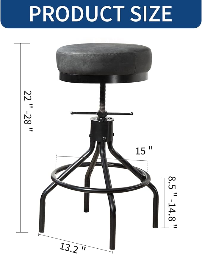 Swivel Bar Stools Adjustable Industrial Barstools Metal Modern PU Leather 28inch Round Backless Counter Height Stool Bar Chair for Kitchen Island (1, Grey)