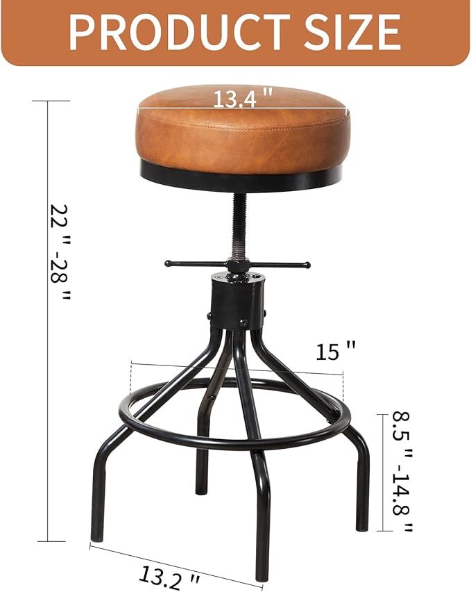 Industrial Bar Stools Set of 2 Adjustable Swivel Round Barstools Modern PU Leather 28inch Backless Counter Height Stool Metal Bar Chair for Kitchen Island (2, Brown)