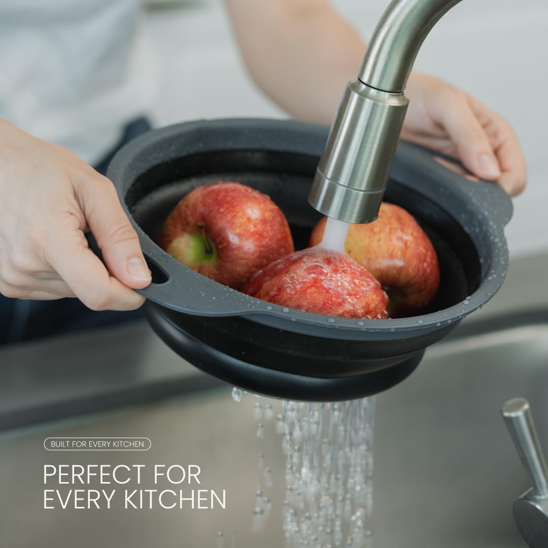 Collapsible Colander | 2-Pack Black Collapsible Strainer for Pasta, Fruits, & Vegetables | Compact Silicone Strainer Ideal for Straining all Sorts of Foods | Strainer for Everyday Use Medium