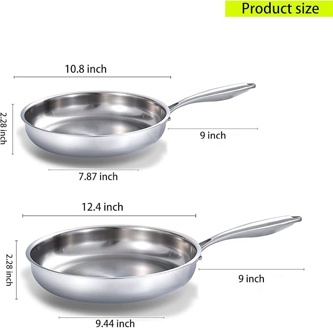 DELARLO Tri-Ply Stainless Steel 10inch and 12inch Frying Pan, Oven safe induction skillet,pots and pans set,Suitable for All Stove (Detachable Handle)