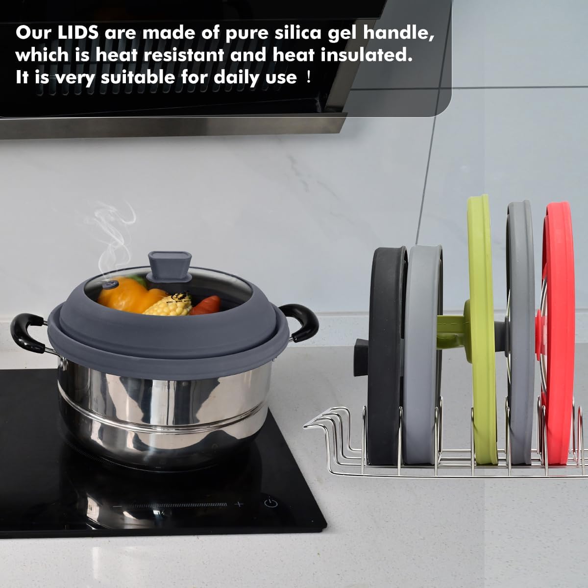 Microwave Splatter Cover Glass Splatter Guard Lid with Collapsible Silicone for Food Pot Plate Cover 11.8 inch Light Grey