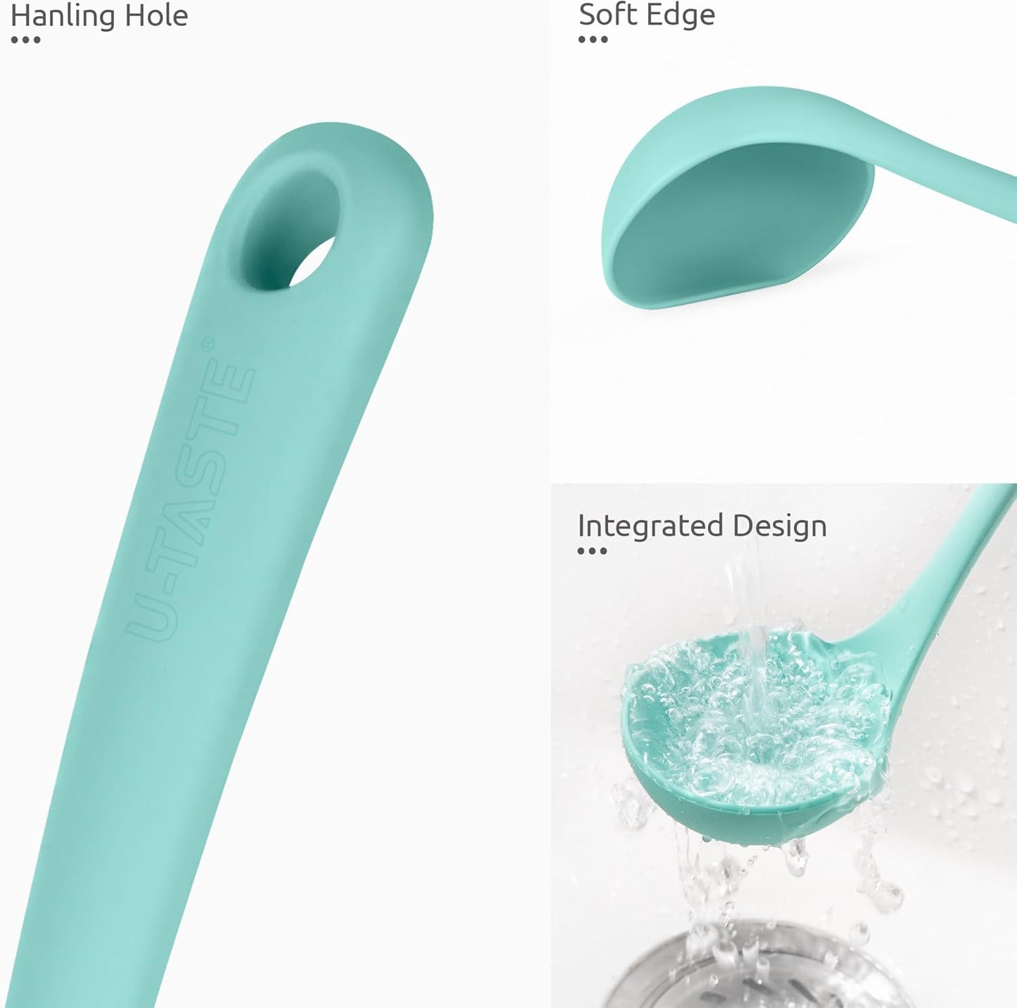 2.6oz Small Silicone Soup Ladle: U-Taste 600ºF Heat Resistant Non-Stick Kitchen Deep Serving Spoon, Soft Cooking Utensil with Non-Slip Solid Handle for Mixing Sauce Stew Gravy (11in, Aqua Sky)