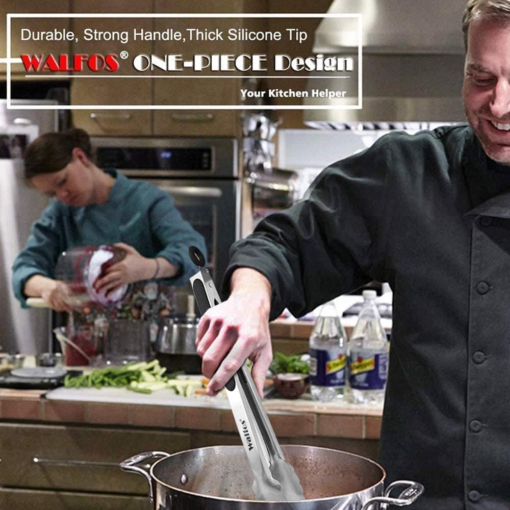 Walfos Stainless Steel Kitchen Tongs for Cooking- 7 ,9 and 12 Inch, Food Grade Metal Tongs for Cooking, BBQ, Set of 3 Heavy Duty Locking Cooking Tongs Non-Slip Grip