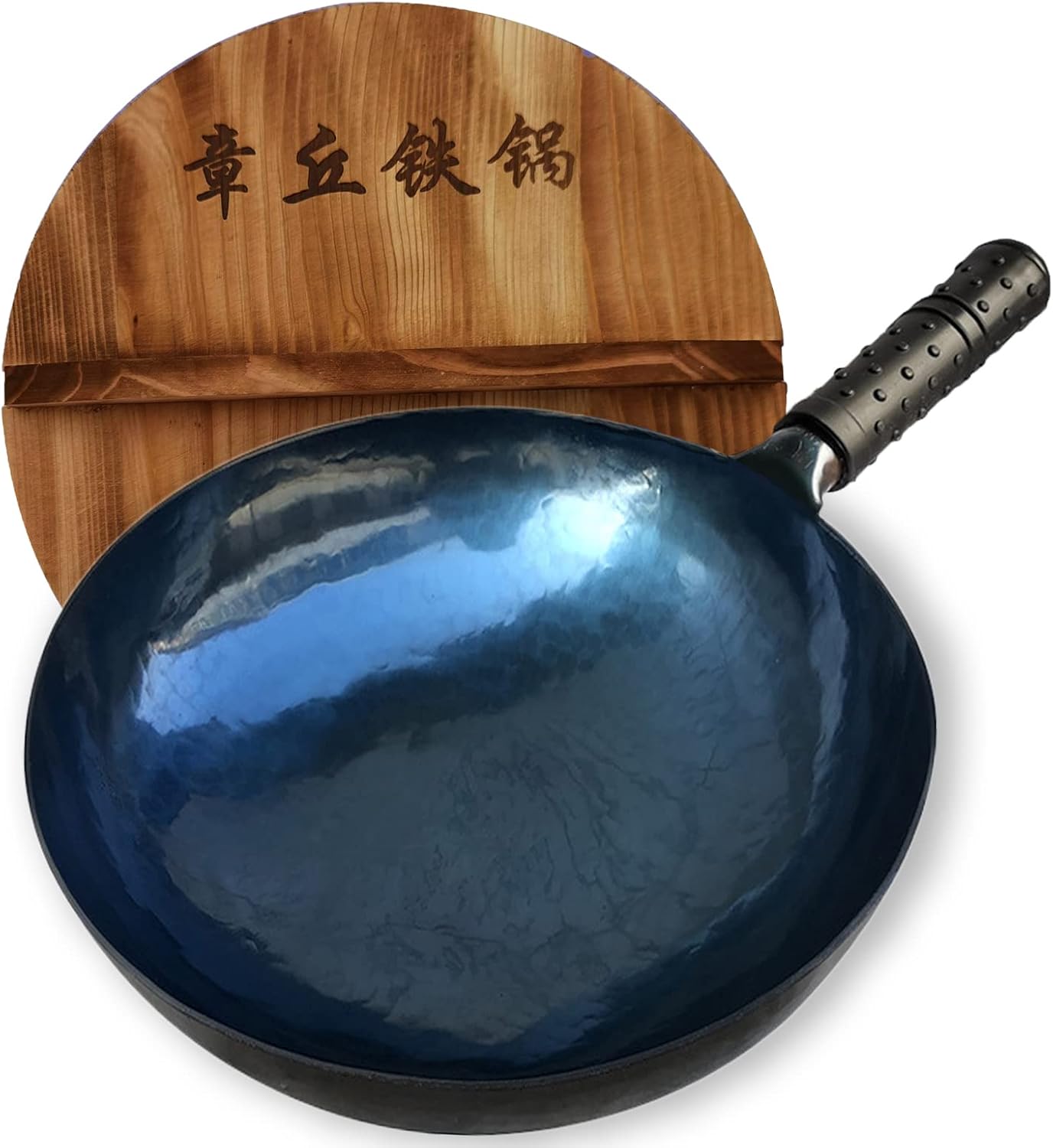 shuoguoleilei Chinese Hand Hammered Iron Woks Set, Non-Stick No Coating Preseasoned Wok Blue Round Bottom Wok Pan for Electric, Induction and Gas Stoves (Blue Black-12)