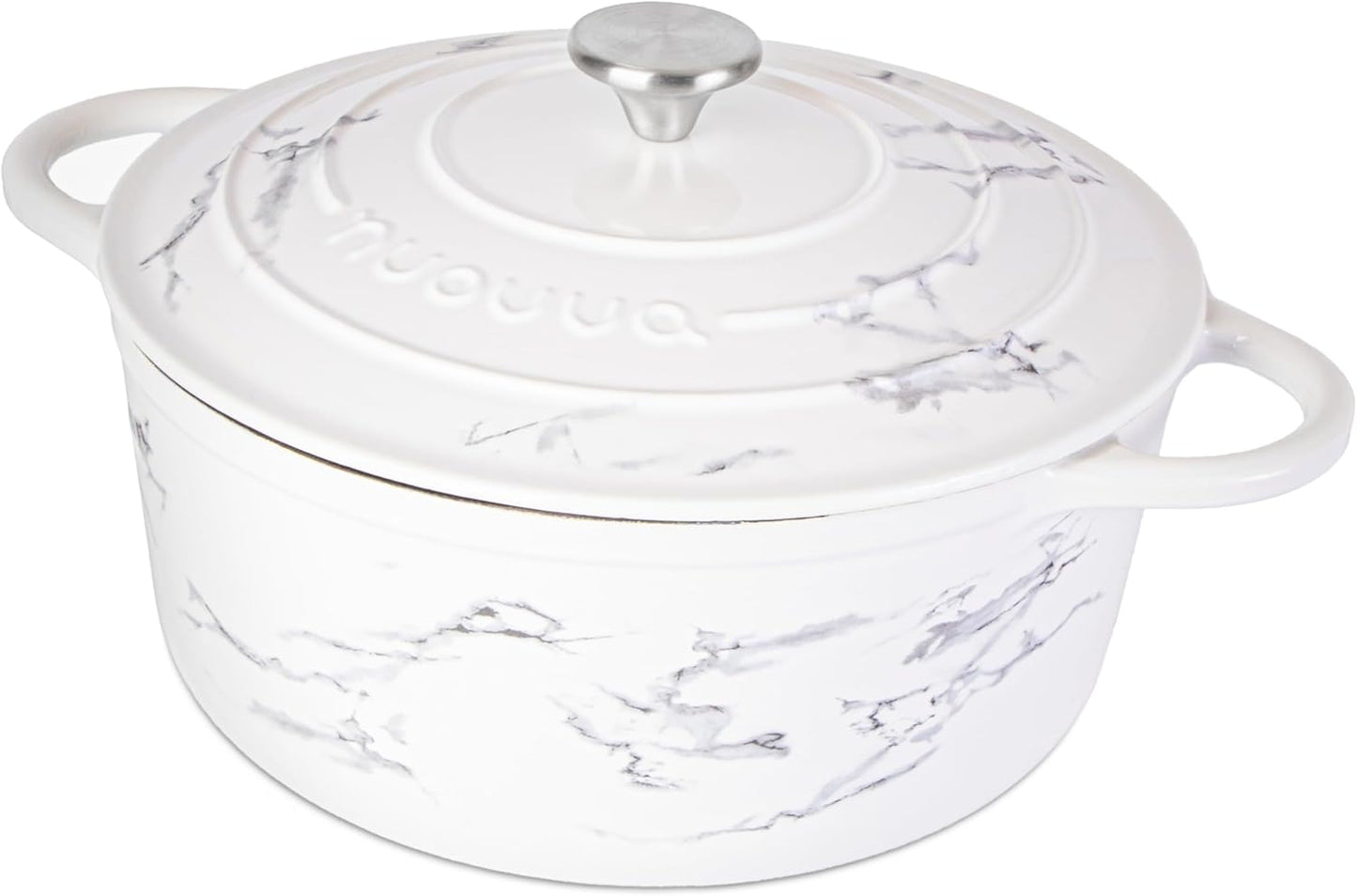 Cast Iron Dutch Oven with Lid – Non-Stick Ovenproof Enamelled Casserole Pot – Sturdy Dutch Oven Cookware – Marble, 6.4-Quart, 28cm – by Nuovva