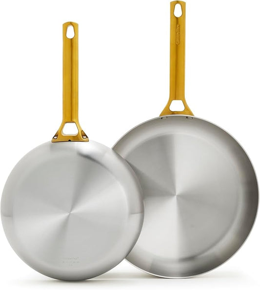 GreenPan Stainless Steel Tri-Ply Reserve 10” and 12” Frying Pan Skillet Set, Multiclad Cookware, PFAS-Free, Induction, Oven & Broiler Safe to 600°F, Heat Responsive Core, Dishwasher Safe, Gold Handles