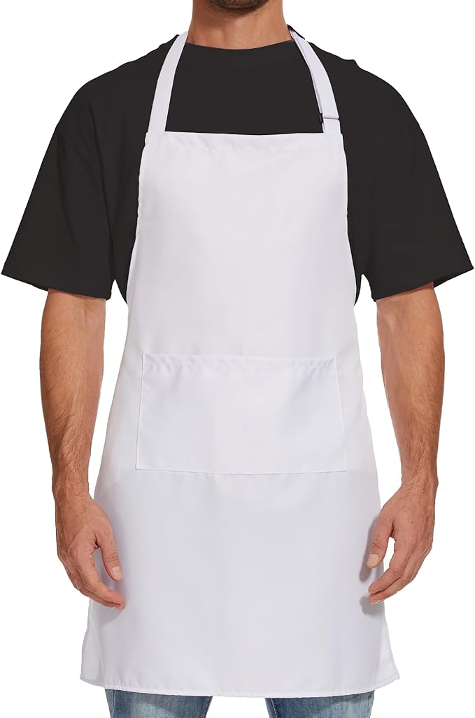 Will Well Kitchen Apron for Men and Women - 33" x 27" Oil-and-Water-Resistant with Adjustable Neck Strap and 38" Waist Ties for a Snug Fit, Lightweight with 2 Front Pockets - 1-Pack, White