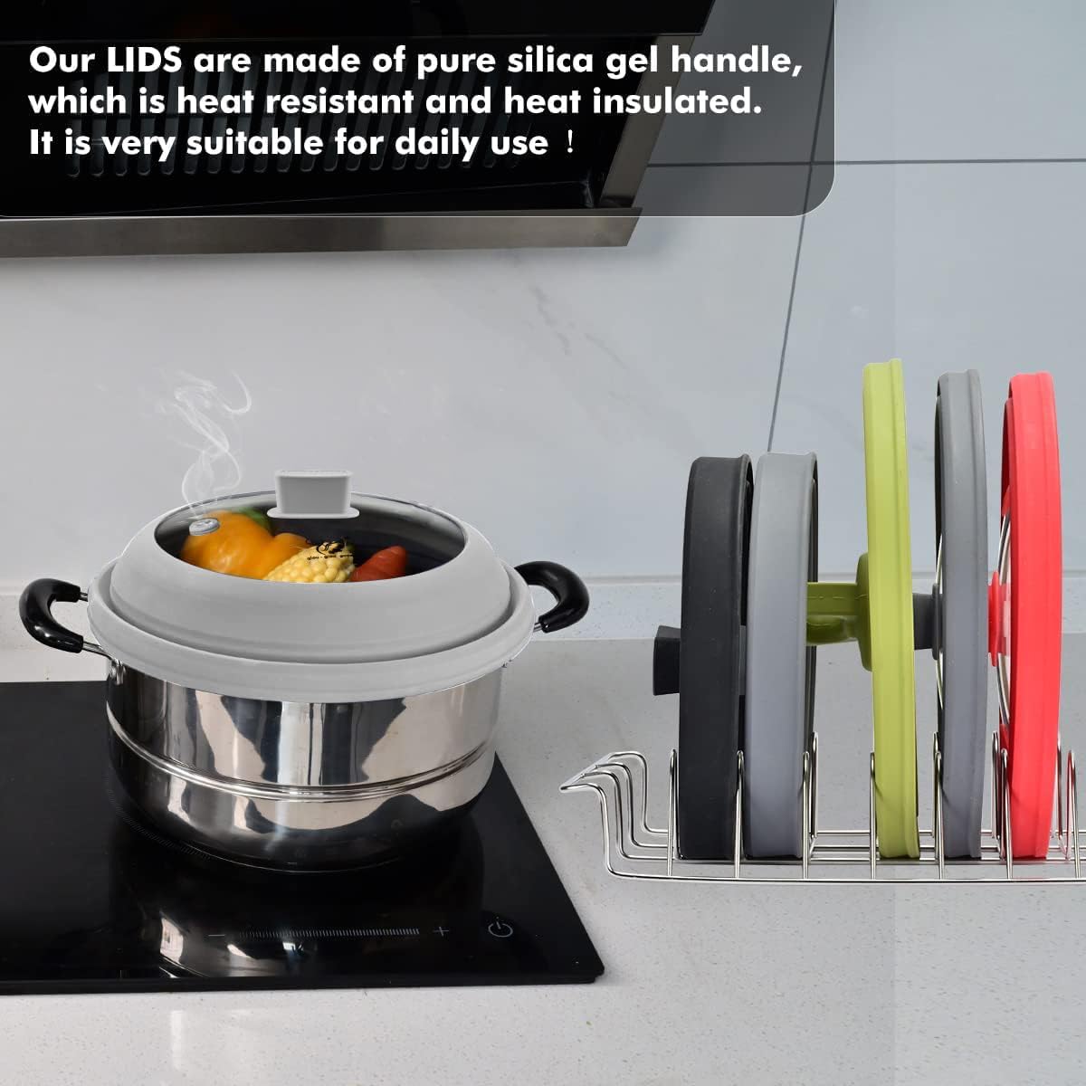 Microwave Splatter Cover Glass Cover Guard Lid with Collapsible Silicone for Food Pot Plate Cover 11.8 inch Light Grey