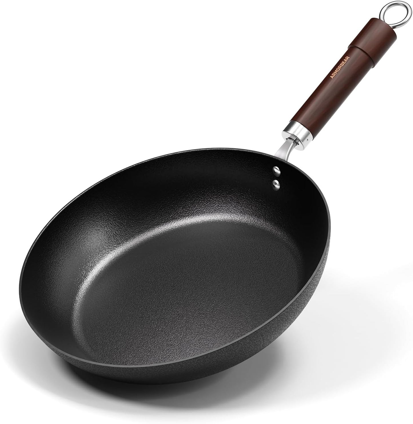 Carbon Steel Frying Pan, Pre-Seasoned 11-Inch Cooking Skillet Wooden Handle, PFAS & PFOA-Free, Nitrided Black Fry Pan for Kitchen, Camping, Chef Use