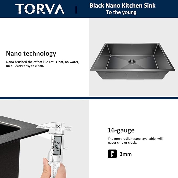 TORVA 30 x 18 Inch Black Ceramic Coating with NanoTek Undermount Kitchen Sink, PVD Coated Gunmetal Sink,16 Gauge Stainless Steel Wet Bar or Prep Sinks Single Bowl,Dark Grey