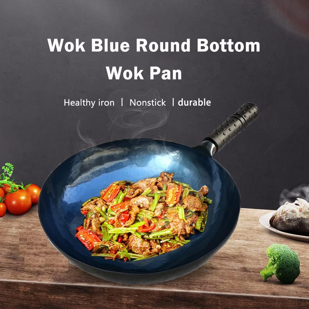 shuoguoleilei Chinese Hand Hammered Iron Woks Set, Non-stick No Coating Preseasoned Wok Blue Round Bottom Wok Pan For Electric, Induction and Gas Stoves (Blue Black-13)