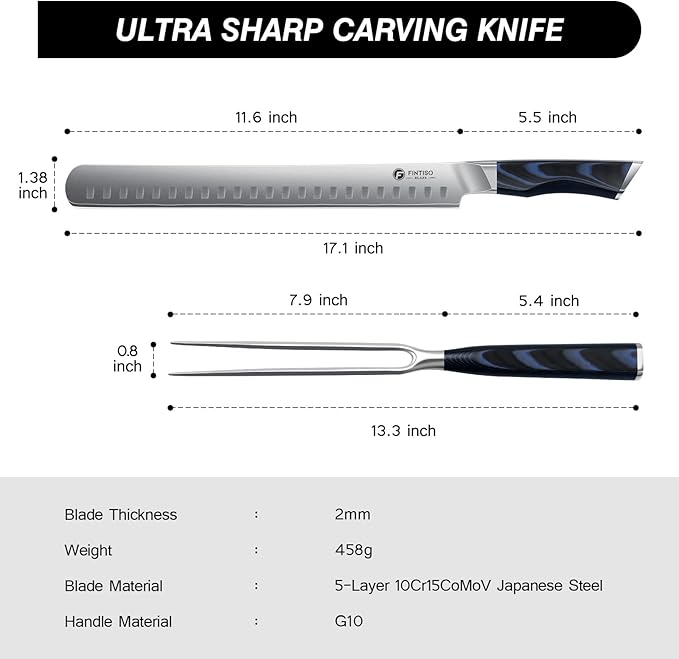 FINTISO BBQ Carving Knife Set, Brisket Slicing Knife and Fork Set, Japanese High Carbon Steel Slicing Knives with G10 Handle, Full Tang Ultra Sharp Meat Cleaver