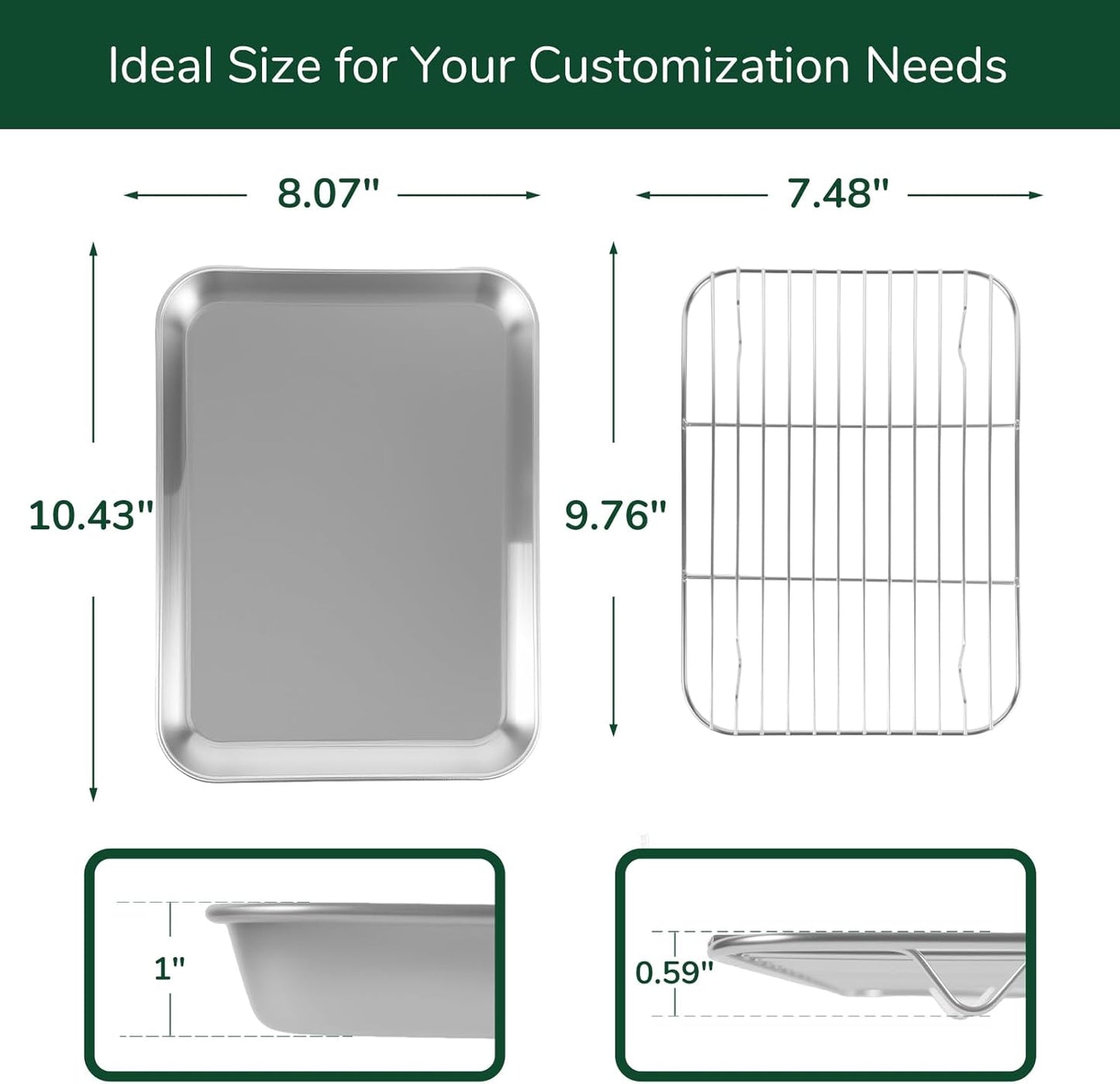 18/0 Stainless Steel Baking Sheet with Cooling Rack, 10.4 Inch Oven-Safe Non-Toxic Cookie Sheets for Baking, Coating Free & Rust Resistant for Healthy Family Baking, Easy to Clean, Heavy Duty