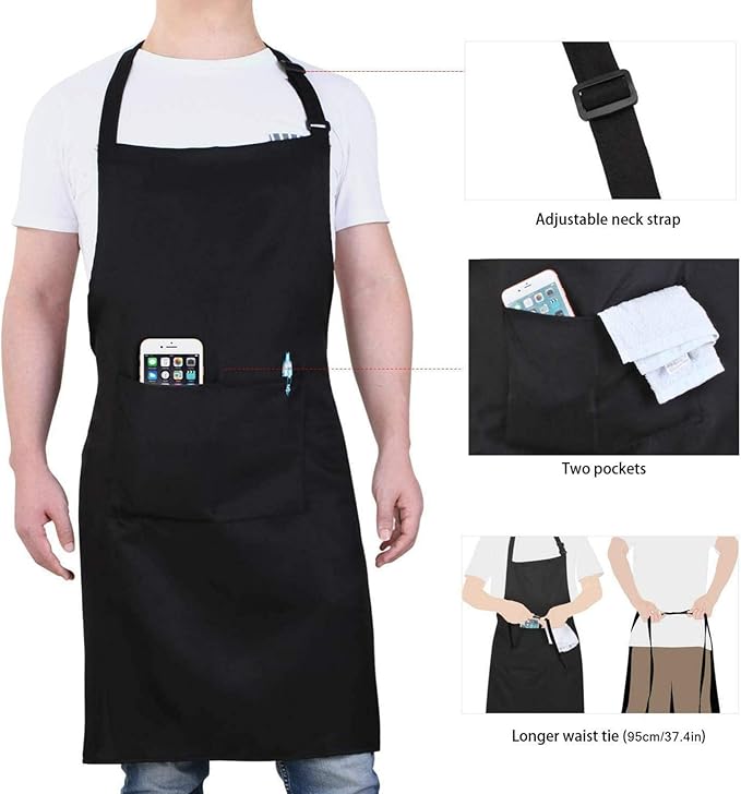 Will Well Chef Apron for Men and Women - 33" x 27" Large with 38" Waist Ties for a Comfy and Snug Fit, Durable and Lightweight, with 2 Spacious Pockets for Your Cooking Essentials - 6-Pack, Black