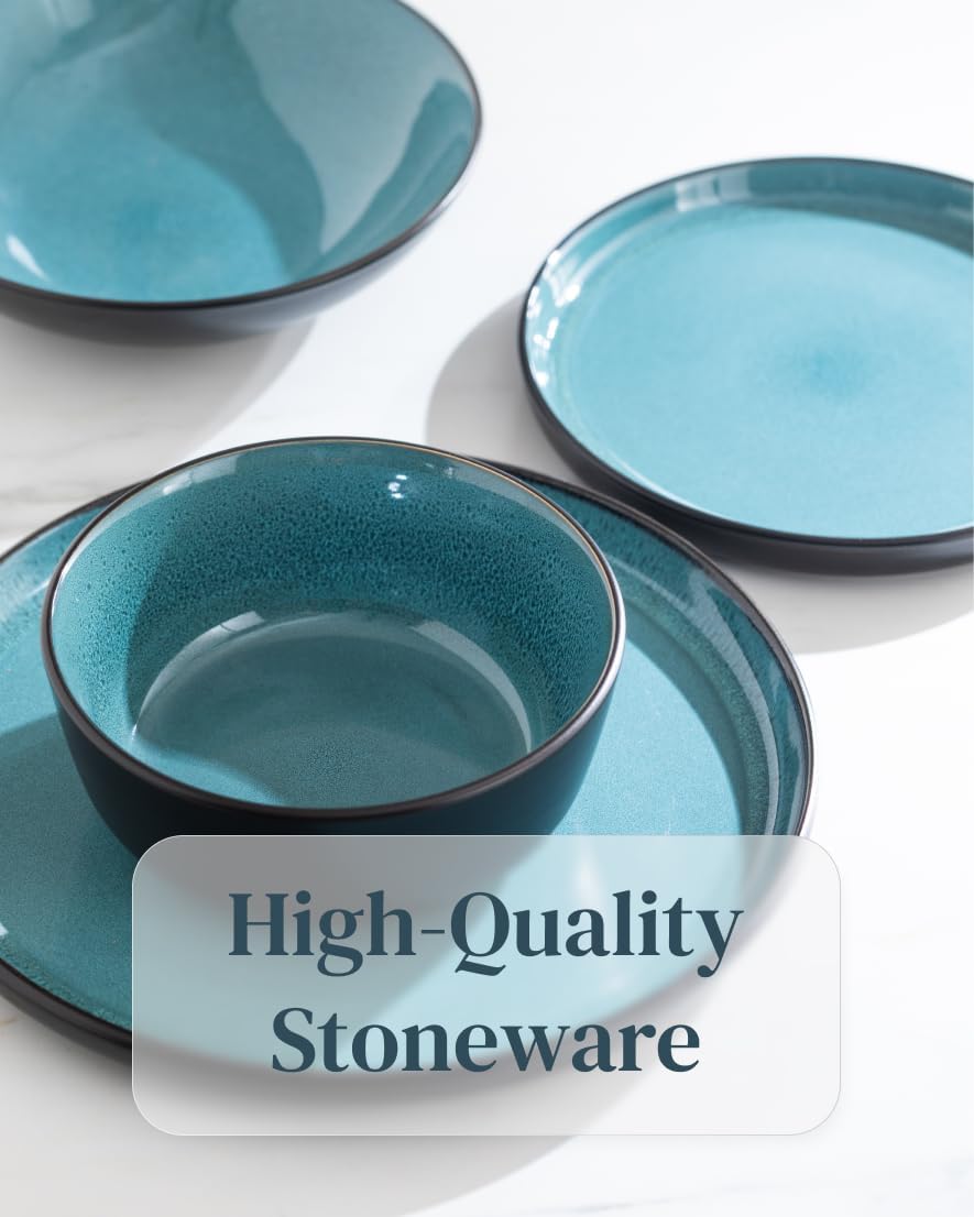 16 Piece Dinnerware Sets for 4 - Modern Style Stoneware Dinnerware Set - Scratch Resistant, Dishwasher Safe Plates and Bowls Sets Ceramic, Dish Set, Bowl and Plate Set - Black and Petrol Blue…