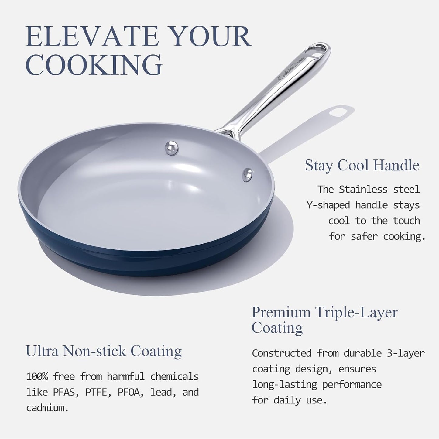 Nonstick Ceramic Frying Pan 10 Inch for Induction Cooktop - Non Toxic, PTFE/PFOA/PFAS Free, Oven & Dishwasher Safe up to 500ยฐF - Non Stick Small Skillet with Stay-Cool Handle - Navy Blue