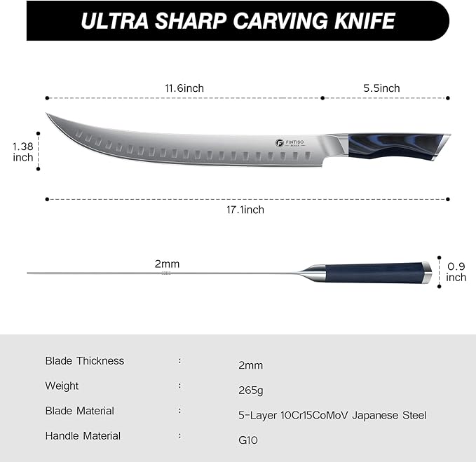 Carving Knife,11.6 Inch Brisket Slicing Knife, Japanese High Carbon Steel Butcher Knives with G10 Handle, Full Tang Ultra Sharp Meat Cleaver for BBQ, Turkey, Roast, Brisket