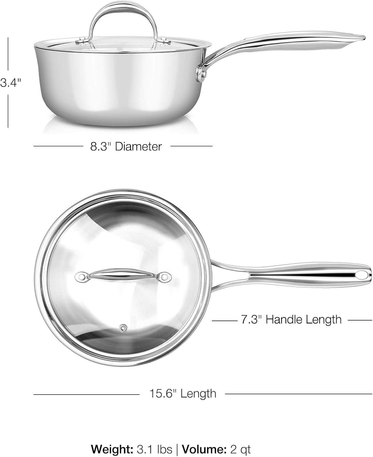 KEAWELL K3 Premium 2-Quart Tri-Ply Stainless Steel Saucepan with Lid, Induction & Oven Safe up to 600°F, Even Heating, Professional Cookware for All Stovetops (2-Qt)