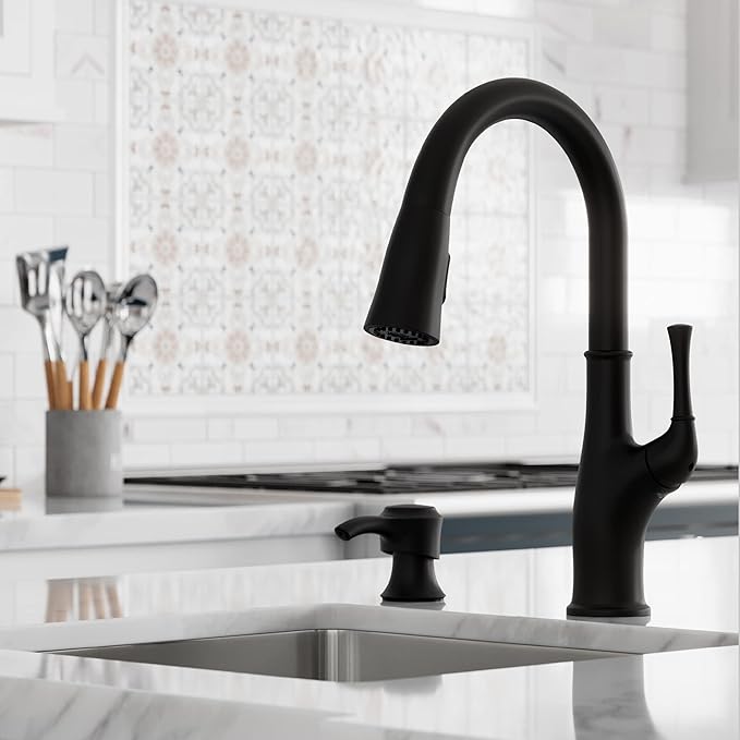 Pfister Alderwood Kitchen Faucet with Pull Down Sprayer and Soap Dispenser, Single Handle, NSF Certified, Matte Black Finish, F5297AWB