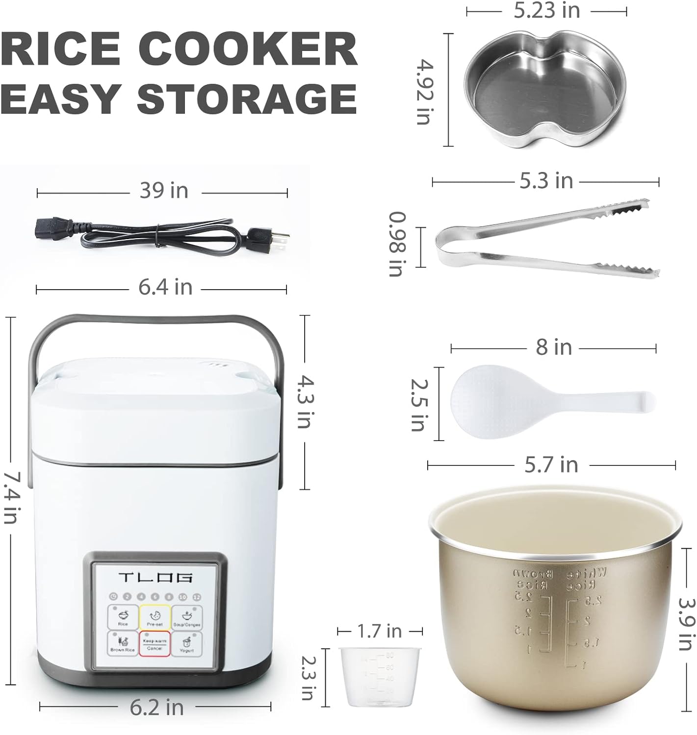 TLOG Mini Rice Cooker 2.5 Cups Uncooked, Healthy Ceramic Coating Portable Cooker, 1.2L Travel Small for 1-3 People, Personal maker, Food Steamer, 12 Hours delay timer, Multi-cooker Grains, Oats
