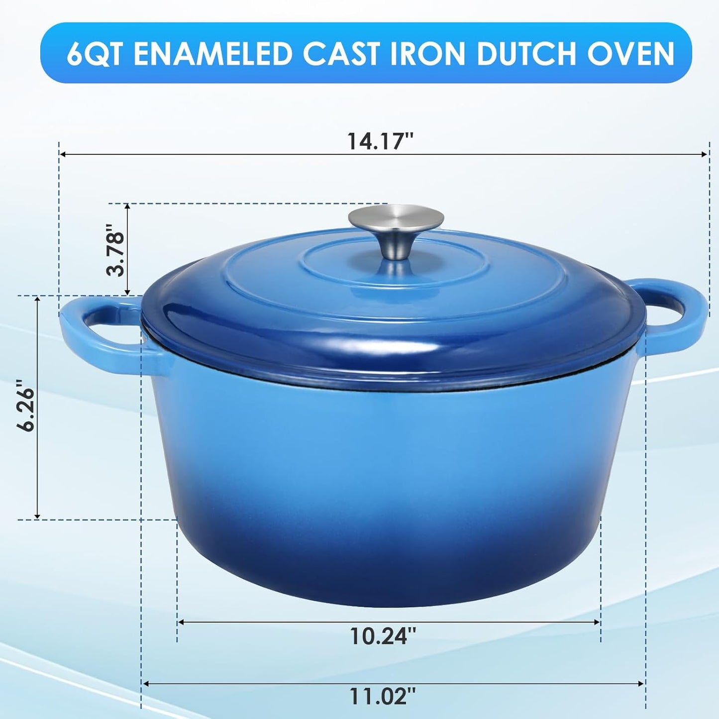 LIFERUN 6 Qt Enameled Cast Iron Dutch Oven Pot with Lid,Oven Safe up to 500° F, Non-Stick Dutch Oven with Dual Handles for Bread Baking, Fry Foods, Braising, Stews, Roasting (Blue)