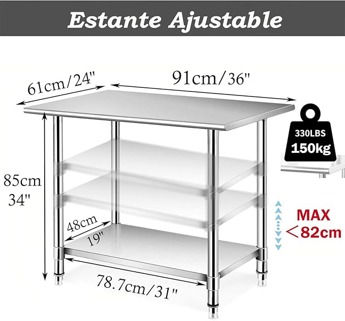 jxgzyy Stainless Steel Table 36x24 Inch NSF Commercial Heavy Duty Table with Adjustable Undershelf Kitchen Food Prep Worktableor for Home Restaurant Hotel and Garage