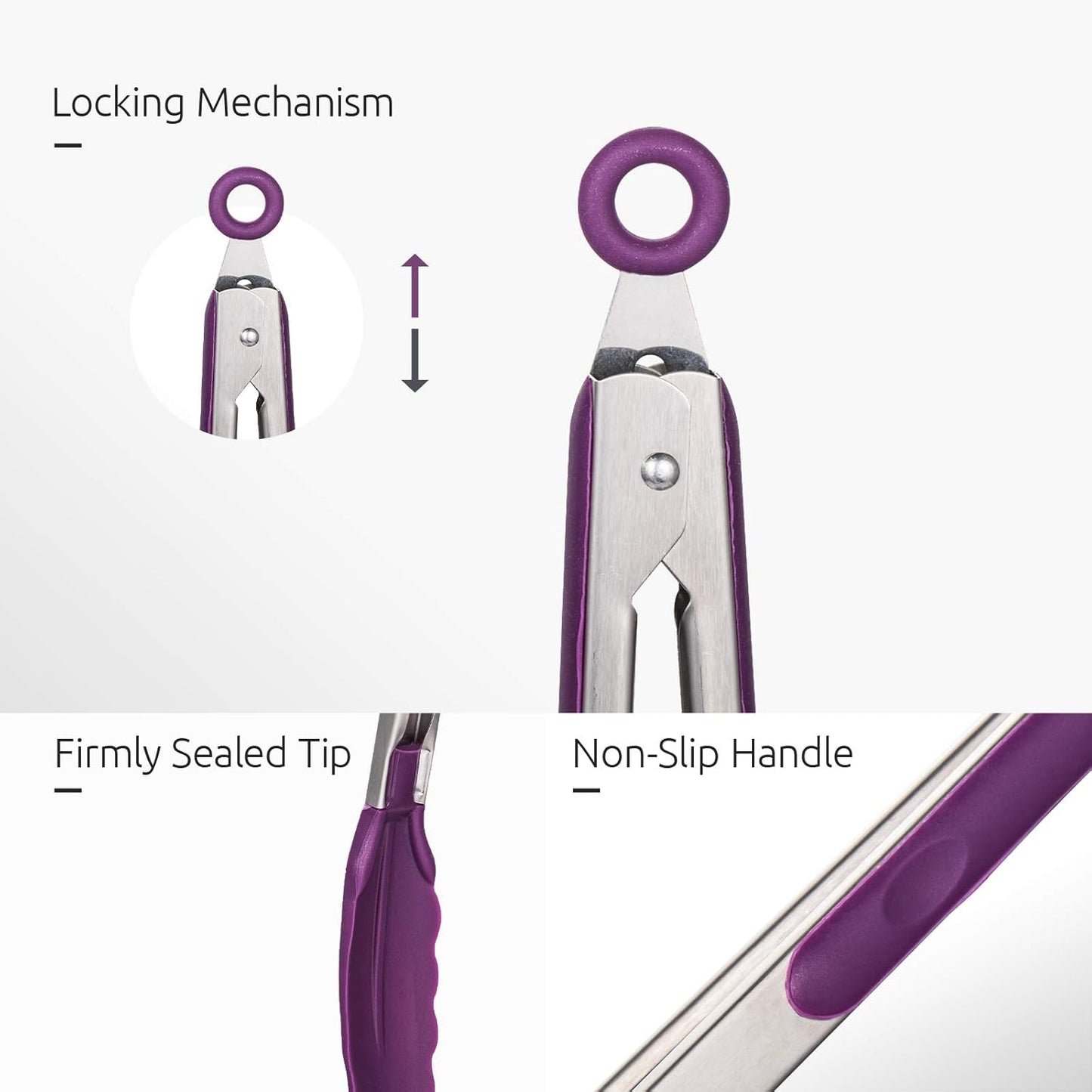 U-Taste Kitchen Tongs, 7/9/12 inches Cooking Tongs, with 600ºF High Heat-Resistant Non-Stick Silicone Tips, 18/8 Stainless Steel Handle, for Food Grill, Salad, BBQ, Frying, Serving, Pack of 3(Purple)