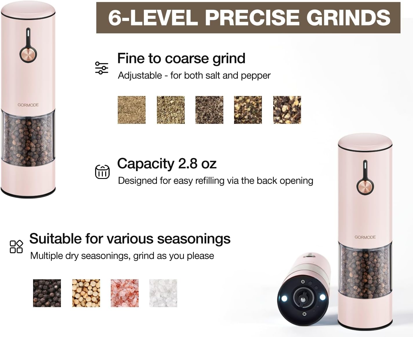 Electric Pepper Grinder and Salt Mill Set - Large Capacity USB Rechargeable Automatic Grinder with Dual LED Lights, One-Handed Operation & Slide Cover - Brushed Stainless Steel