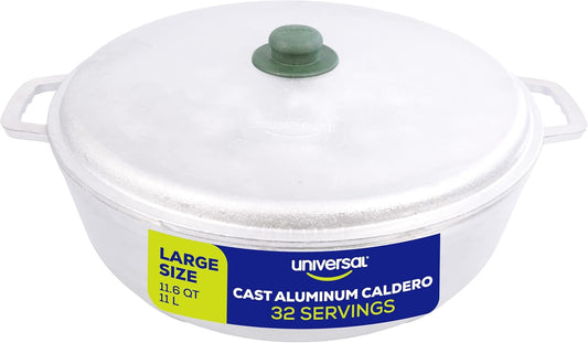 Universal (Professional Large) Caldero 32 Cups - 11.6 QT / 11 L, Stainless Aluminum Pot, Even Heat Distribution and Fast Cooking Dutch Oven Pot, Ergonomic Handles, Ideal for Rice, and French Fries