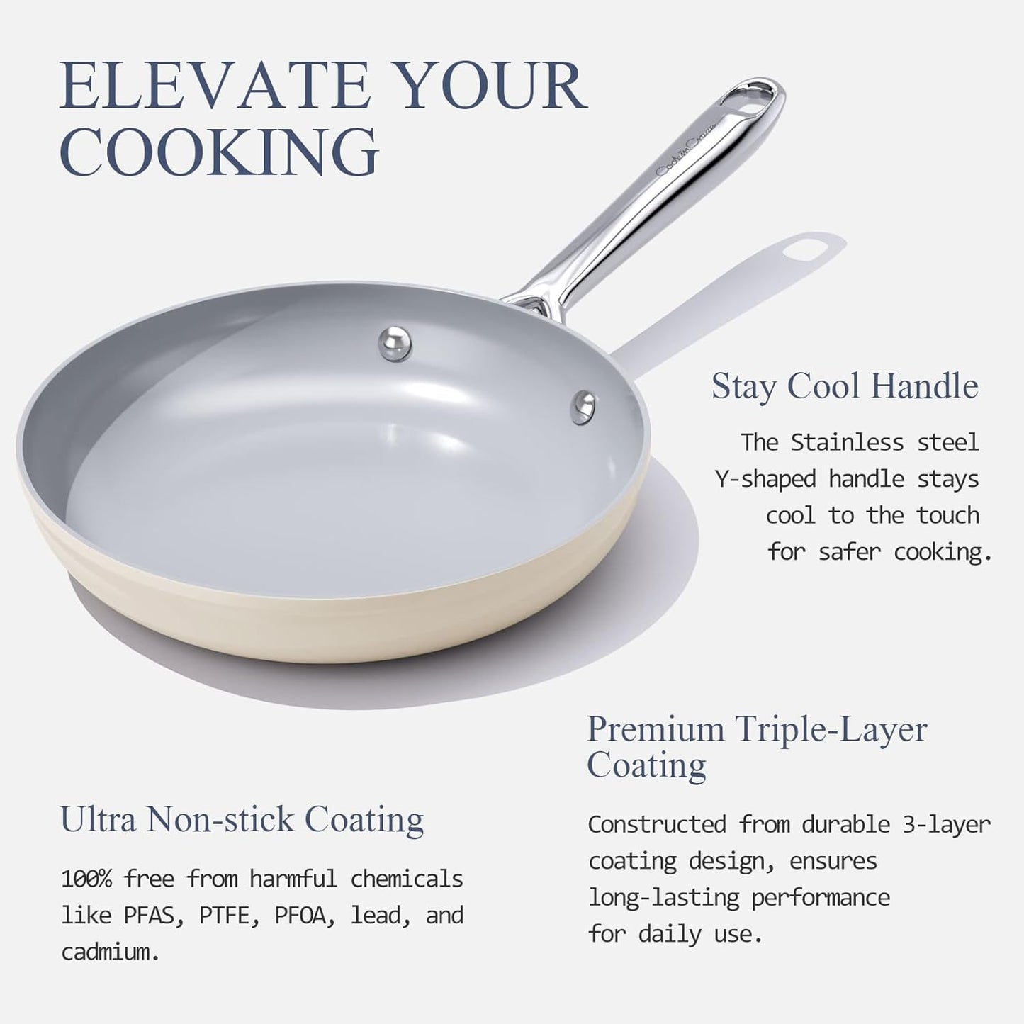 Nonstick Ceramic Frying Pan 8 Inch for Induction Cooktop - Non Toxic, PTFE/PFOA/PFAS Free, Oven & Dishwasher Safe up to 500ยฐF - Non Stick Small Egg Skillet with Stay-Cool Handle - Cream