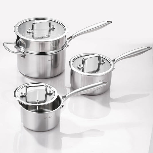 DELARLO Kitchen Pot Set, Tri-Ply Stainless Steel Saucepan Set, 1.0QT 2QT 3.5QT, Cooking Set, Fast Even Heat, Saucepan set Compatible with all Cooktops 600℉(Lids 300℉) 3.5QT Pot with a Steamer