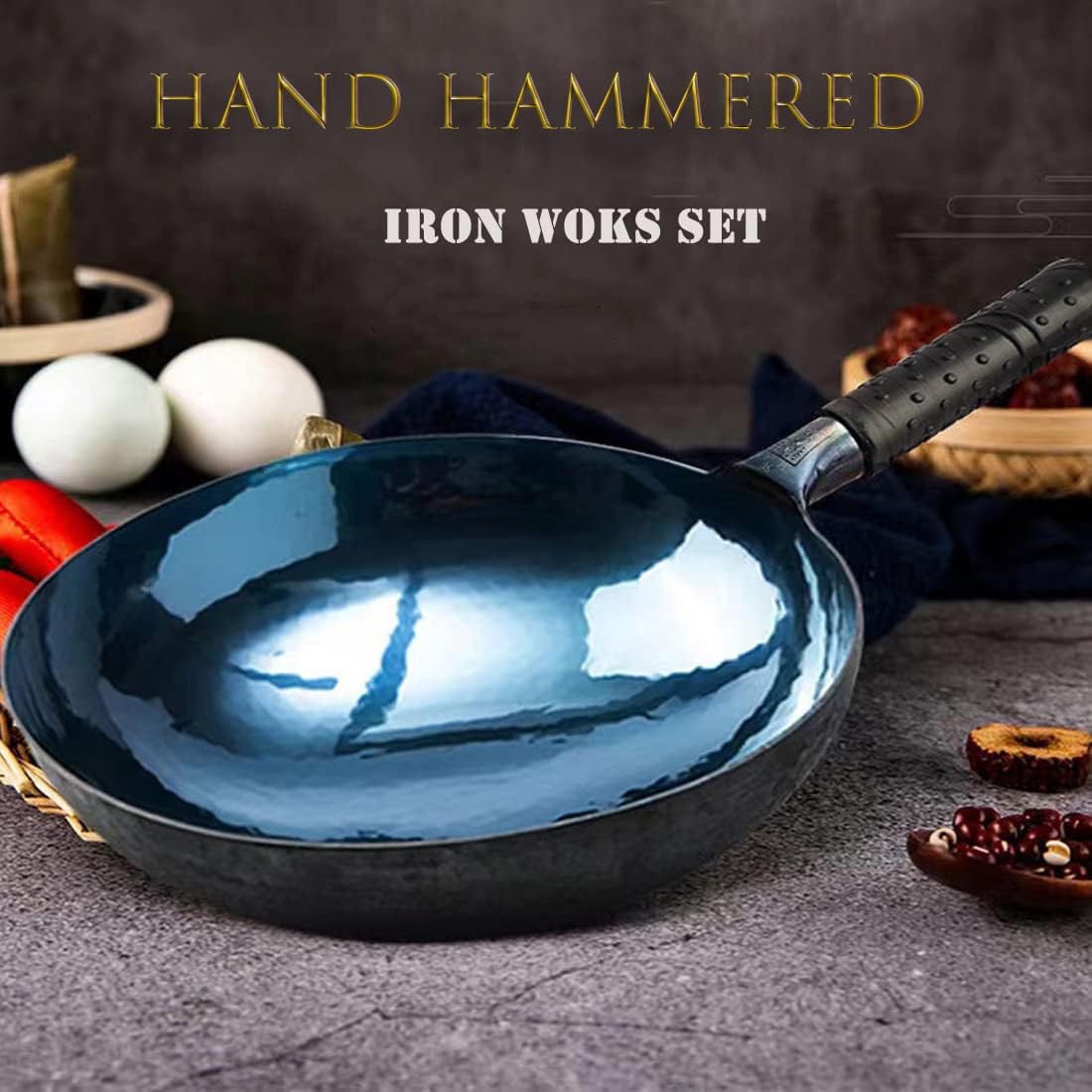 shuoguoleilei Chinese Hand Hammered Iron Woks Set, Non-stick No Coating Preseasoned Wok Blue Round Bottom Wok Pan For Electric, Induction and Gas Stoves (Blue Black-14)