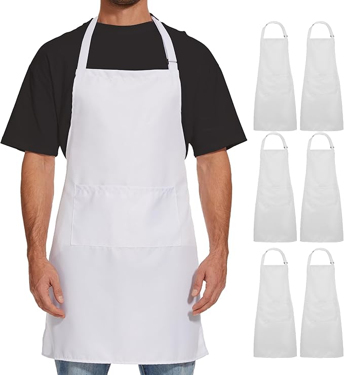 Will Well Kitchen Apron for Men and Women - 33" x 27" Oil-and-Water-Resistant with Adjustable Neck Strap and 38" Waist Ties for a Snug Fit, Lightweight with 2 Front Pockets - 6-Pack, Green