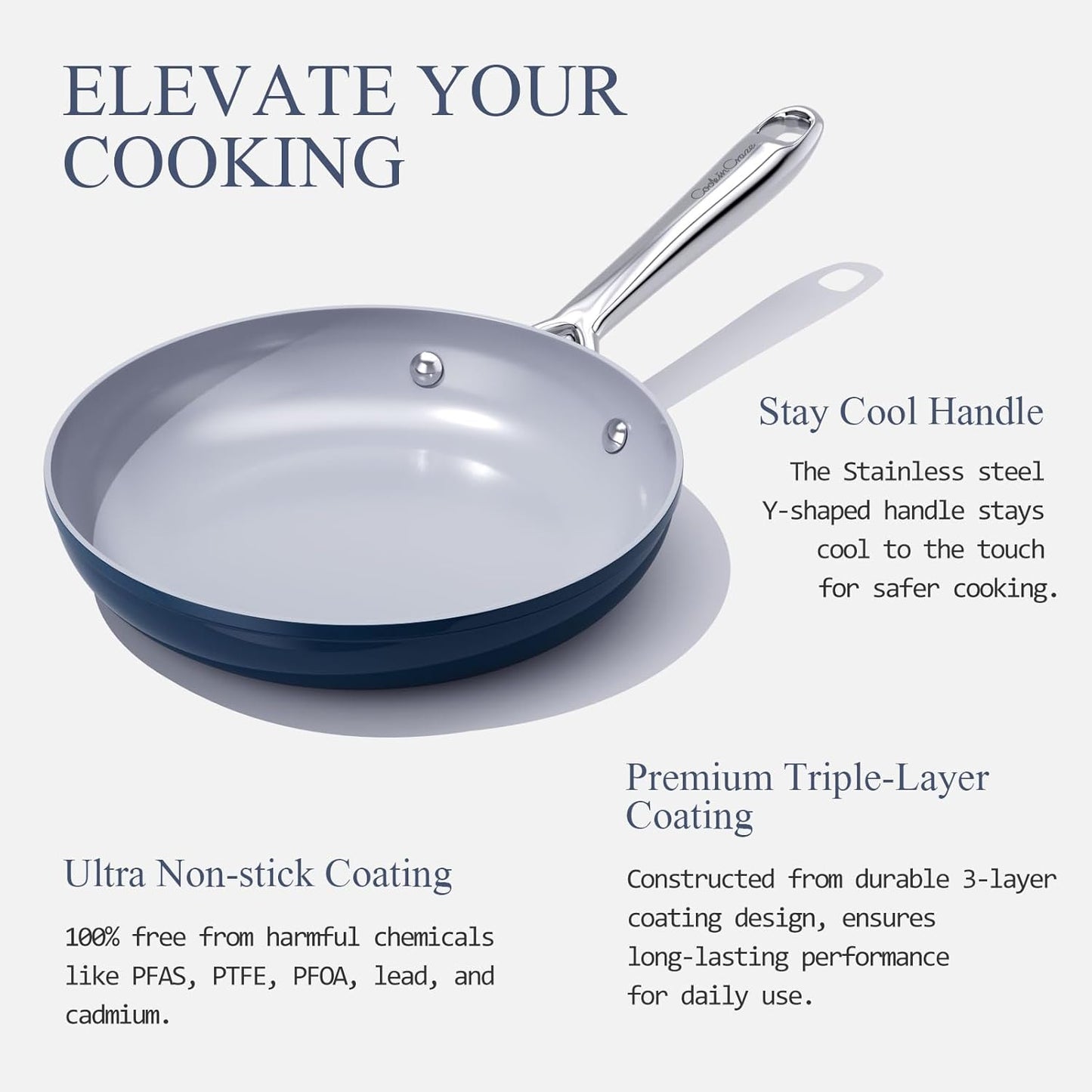 Nonstick Ceramic Frying Pan 8 Inch for Induction Cooktop - Non Toxic PTFE/PFOA/PFAS Free, Oven & Dishwasher Safe up to 500ยฐF - Non Stick Small Egg Skillet with Stay-Cool Handle - Navy Blue