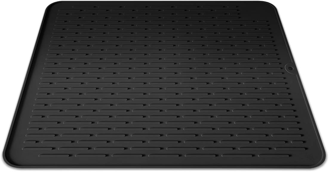 Silicone Dish Drying Mat for Multiple Usage,Easy Clean,Eco-Friendly,Super Sturdy Silicone Dish Drying Mat and Trivet, Dishwasher Safe, Heat Resistant (Black, L 17.7×15.7inch)