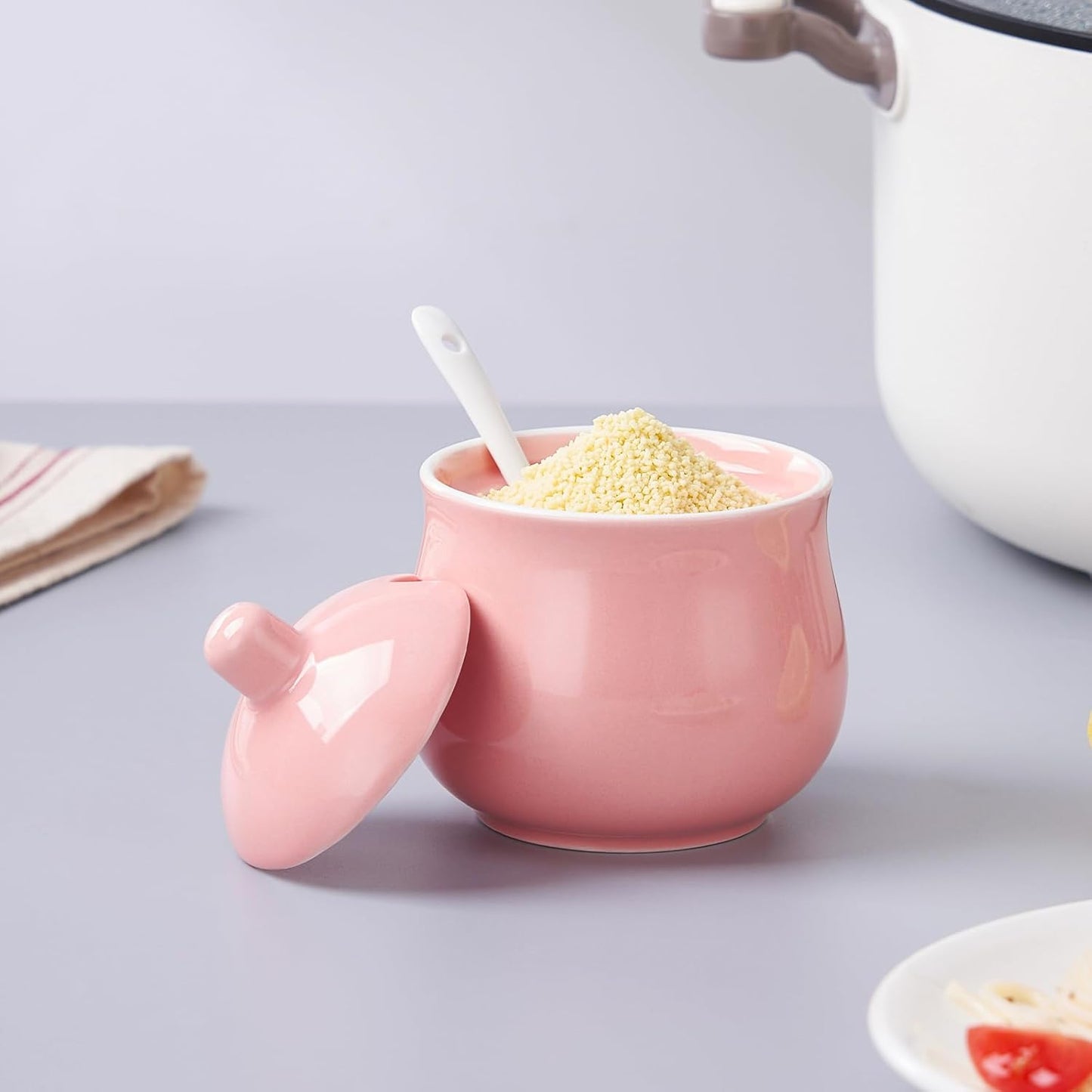 Ceramic Sugar Bowl with Lid and Spoon, Pink Porcelain Sugar Salt Pepper Storage Jar, 8 Ounces