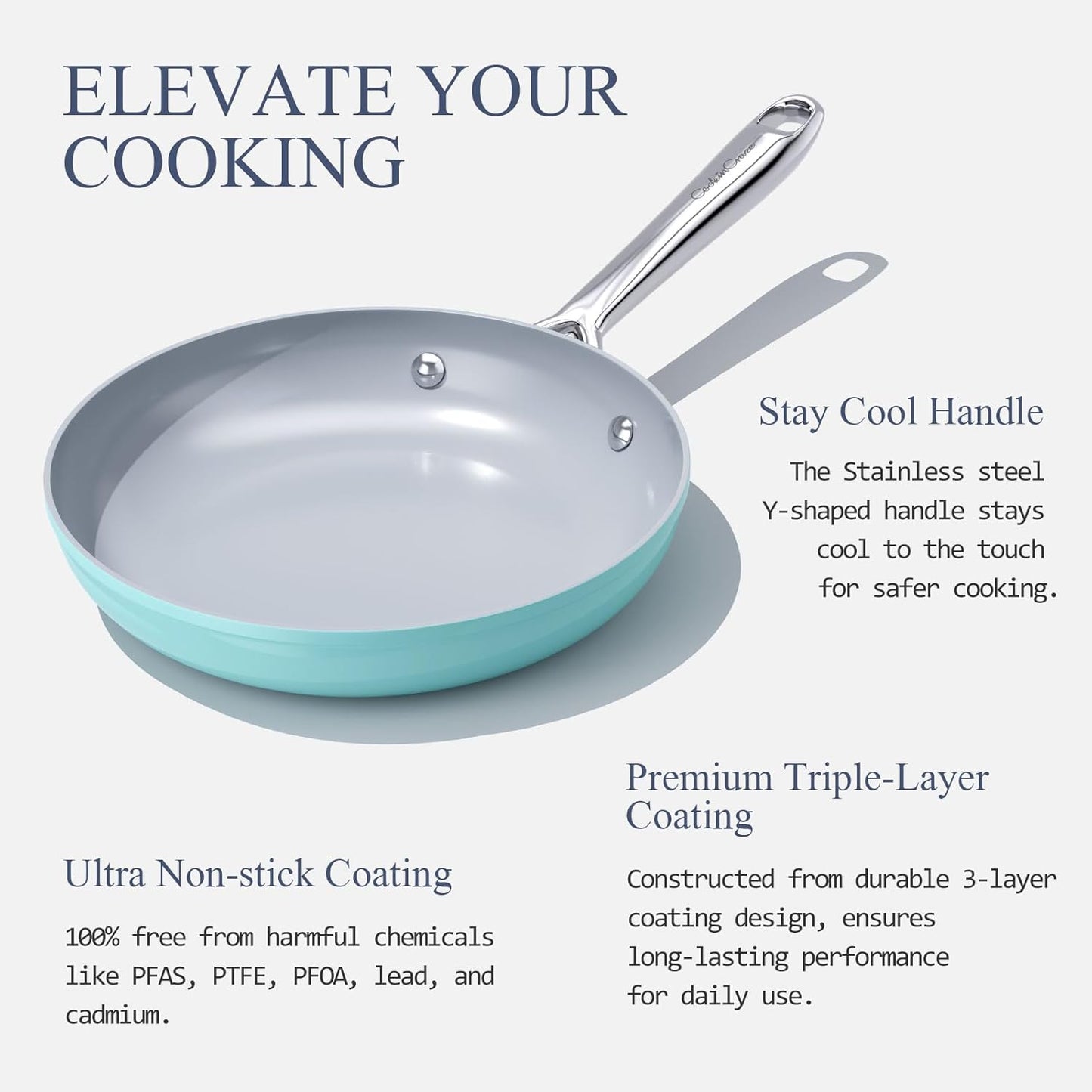 Nonstick Ceramic Frying Pan 10 Inch for Induction Cooktop - Non Toxic, PTFE/PFOA/PFAS Free, Oven & Dishwasher Safe up to 500ยฐF - Non Stick Skillet with Stay-Cool Handle - Caribbean Blue