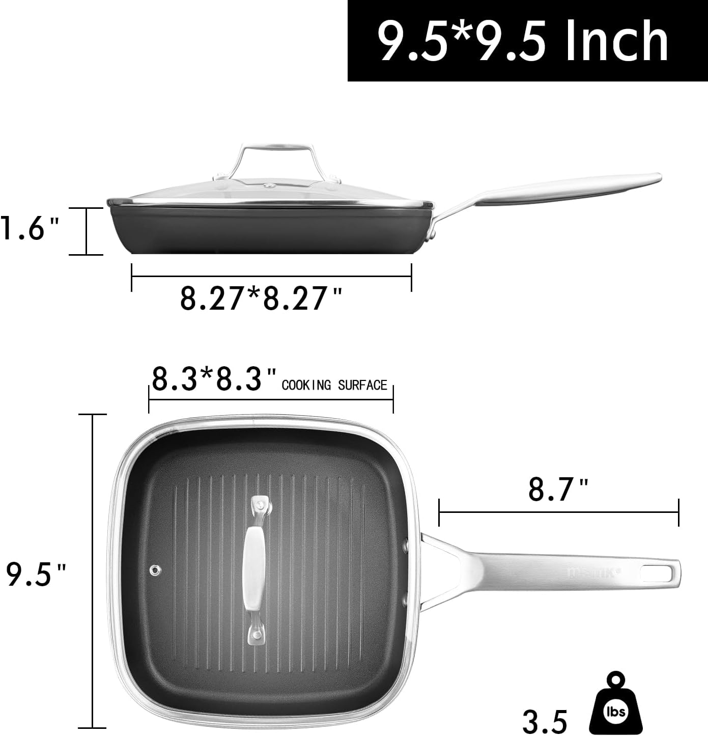 MsMk Square Grill Pan with Lid, 9.5 Inch Titanium and Ceramic Nonstick Grilling Skillet Pan,Stay-Cool Handle,Compatible with All Stovetops,PFOA Free,Dishwasher & Oven Safe,Indoor Chicken Skille