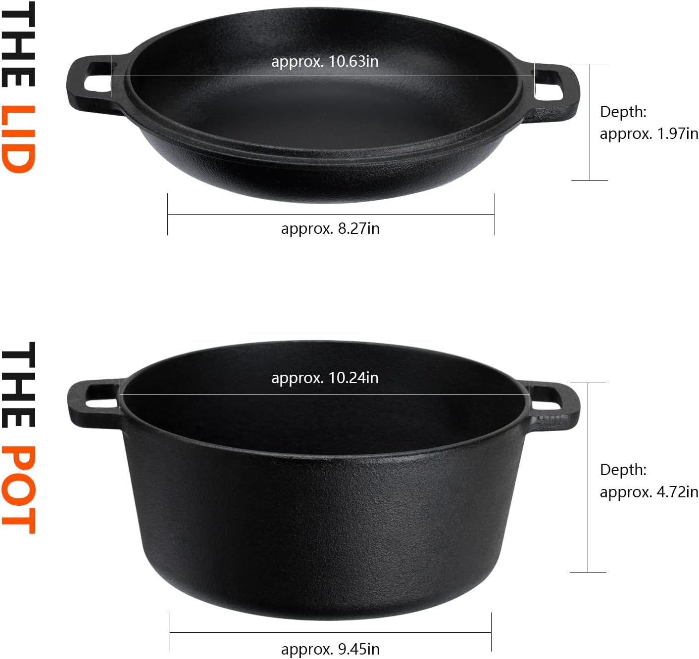 Overmont 2 in 1 Pre Seasoned Dutch Oven with Skillet Lid for Induction, Electric, Grill, Stovetop, BBQ, Camping (5 Quart)